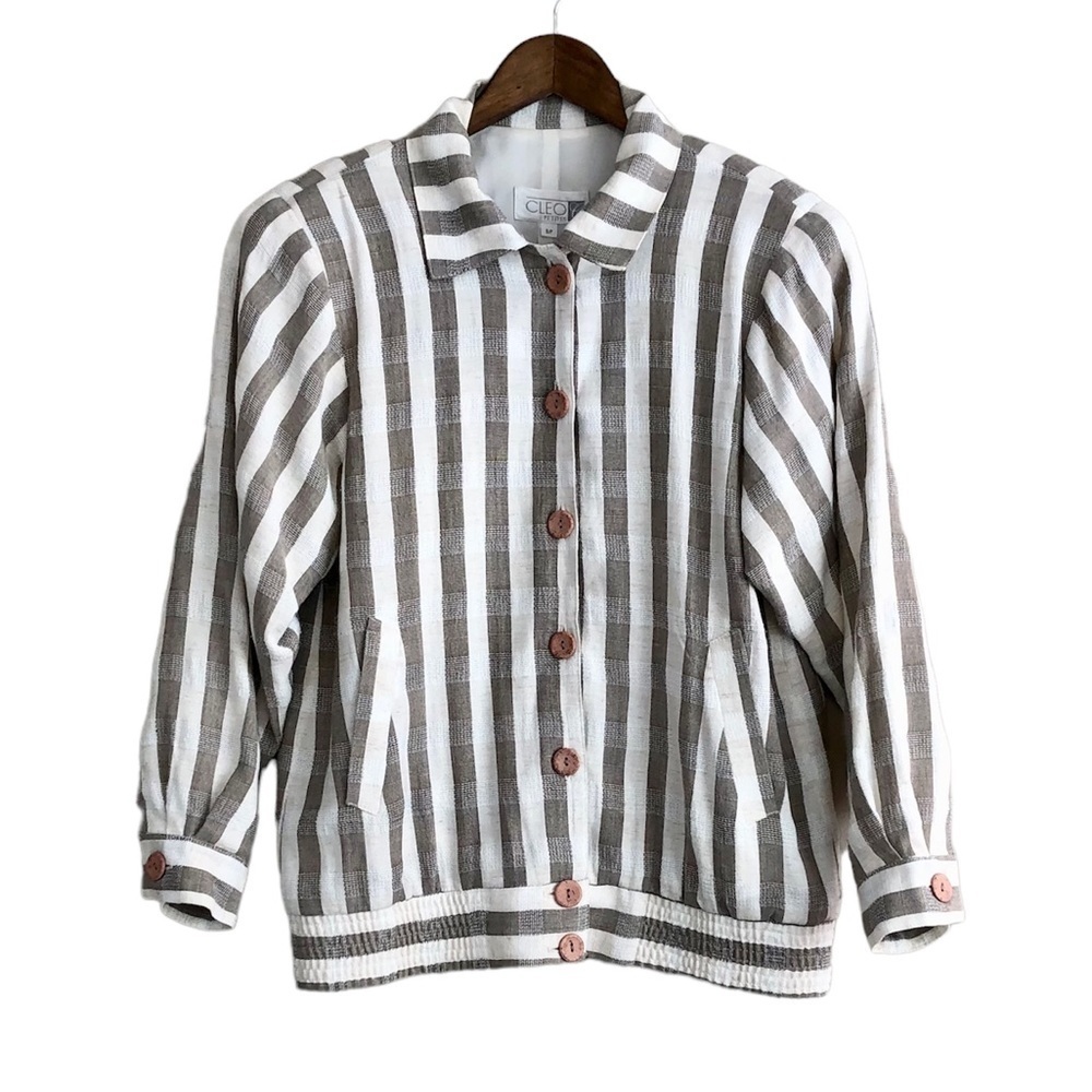 Cleo Petites Vintage Linen Blend Stripe Jacket Tan Cream Button Front Size Small - Picture 16 of 16